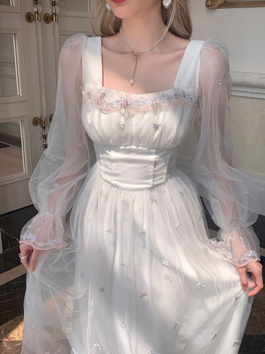 Autumn%20Spring%20White%20Mesh%20Fairy%20Dress%20Woman%20French%20Vintage%20Embroidery%20Floral%20Flare%20Sleeve%20Princess%20Prom%20Dresses%20Vestido%20Blanco%20-%20Image%203