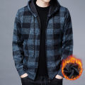 Men Sweater Jacket Fashion Winter Coat Fleece Hoodies High Quality Luxury Checkered Hooded Knit Cardigan Male Outer Wear.