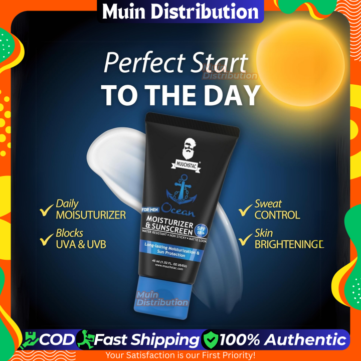 Muuchstac Mens Ocean Moisturizer & Sunscreen Matte Look Spf 18+ Cream With Turmeric & Aloe Vera Beads, Non-Sticky & Water Resistant 45 Ml