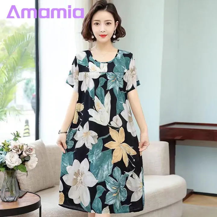 Casual%20Dress%20Floral%20Print%20Round%20Neck%20Nightdress%20for%20Women%20Comfortable%20Knee%20Length%20Homewear%20Midi%20Dress%20with%20Short%20Sleeves%20Casual%20Lady%20Nightgown%20for%20Women%20Cotton%20Silk%20Dress%20-%20Image%204