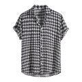 Men's Shirt Summer Leisure Ethnic Cotton Blend Men Shirt Houndstooth Plaid Print Lapel Short Sleeve Shirt Streetwear Top Camisas. 