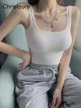 CHRLEISURE Summer Crop Top Women Seamless Square Collar Wide Straps Tank Top Knitted Striped Camisole Solid Corset Top Female. 