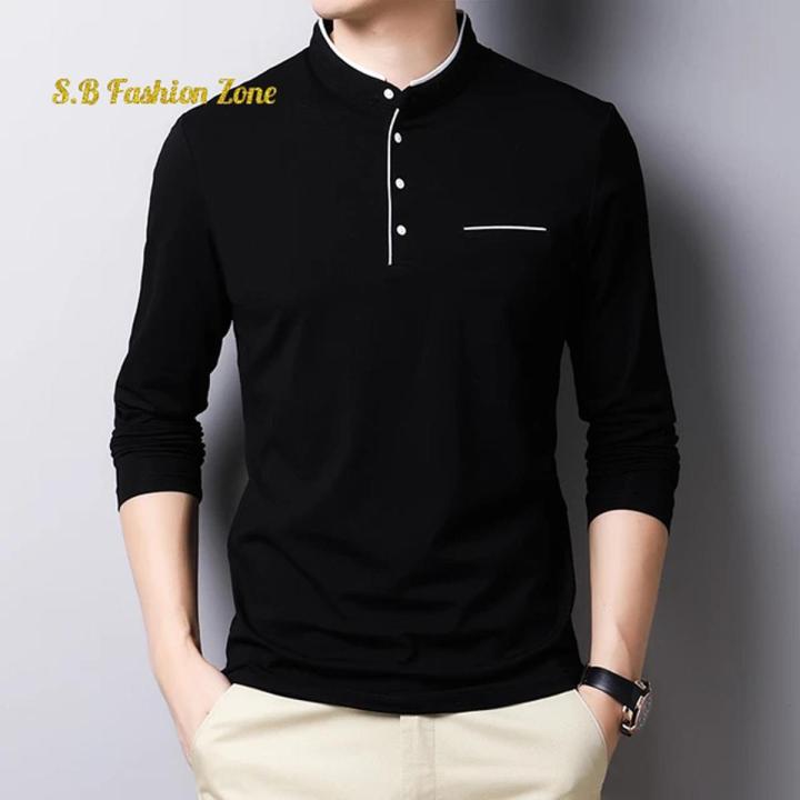 Band Collar Long Sleeve Polo Shirt