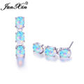 JUNXIN Luxury Oval Stone Blue White Fire Opal Earrings For Women Silver Color Green Purple Bar Stud Earrings Wedding Jewelry.