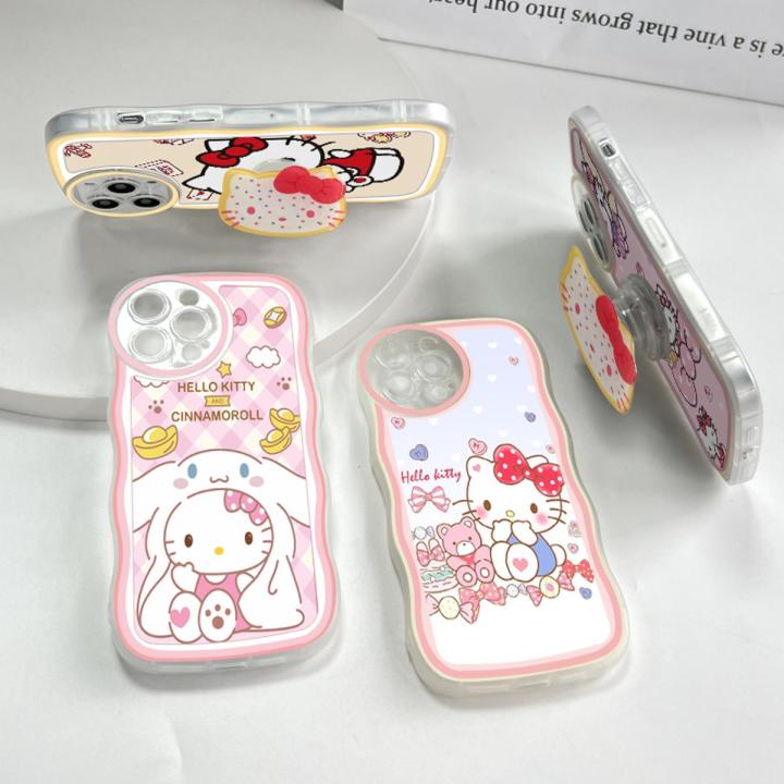 TA for iPhone Plus Plus Back Cover With Free Holder Cute Kitty Wavy  Phone Case Camera Protection Transparent TPU Soft Cover for Girls