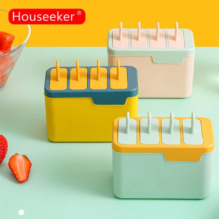 Houseeker 4 Grids Summer Fruit Ice Cream Molds Tray Reusable Ice Cream Mold with Stick Ans Lid Creative Kitchen Tool Popsicle Maker