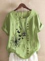 Women 's Summer Dandelion Butterfly Printed Short Sleeve Round Neck T-shirt Ladies Casual Linen Shirts Plus Size  Tops. 