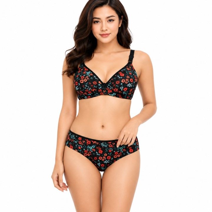 Soft and Comfortable Floral Printed Cool Feel Flexible Bra and Panty Set for Women