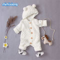Newborn Baby Winter Hoodie Romper, Long Sleeve Knitted Solid Color Button Jumpsuit. 
