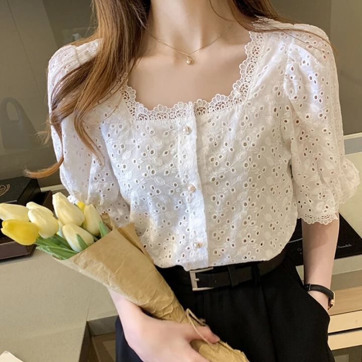 Fashion%20Summer%20Short%20Sleeve%20Shirts%20Woman%20White%20Blouse%20Women%202023%20Elegant%20Square%20Collar%20Hollow%20Out%20Korean%20Lace%20Shirt%20Blusas%2013934%20-%20Image%203