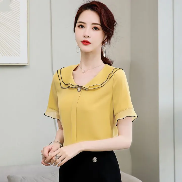 Summer%20New%20Women's%20Chiffon%20Shirt%20Women's%20Short%20Sleeve%20Col%20Claudine%20Top%20Elegant%20Korean%20Style%20Loose%20Undershirt%20-%20Image%204