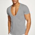 Deep V-Neck Men's T Shirt Low Cut Vneck Wide Vee Tee Male Tshirt Short Sleeve Causal Gym Solid Tops Invisible Undershirt.