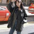 Leather Coat Women's Spring Mid-Length Autumn and Winter Korean Loose Leisure Hong Kong Style MotorcyclepuLeather Jacket with Cotton for Students.