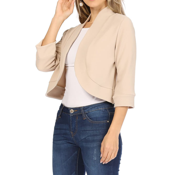 Women%20Casual%20Crop%20Blazer%20Outwear,%20Solid%20Color%203/4%20Sleeve%20Breathable%20Cardigan%20Jacket%20-%20Image%202