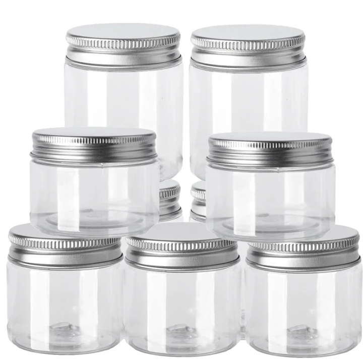 Containers: Empty Cosmetic Jars, Transparent Food, 10 Aluminum Caps, Storage Travel Bottles, Creams, Sample Jars, Round Plastic Jars