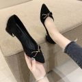 Chunky heel pointed-toe shoes 2024 Summer New Fairy Wanwan Lei Style Gentle Mid Heel Fairy Lady Black High Heels.