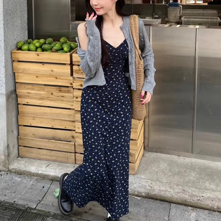 Summer%20Sweet%20Women%20Daily%20Streetwear%20Waist%20Dresses%20Lady%20Blue%20Suspender%20Floral%20Dress%20Female%20Vogue%20Off%20Shoulder%20Casual%20Long%20Dress%20-%20Image%203