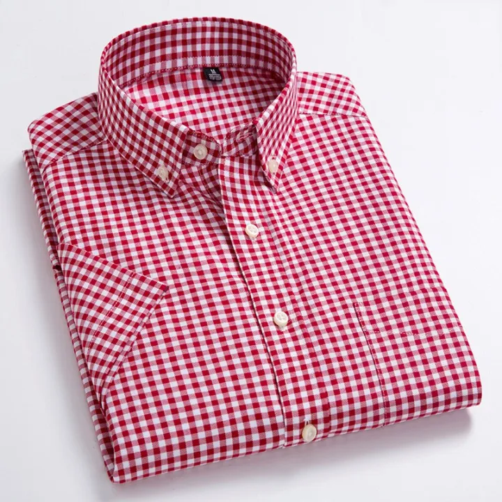 Men's%20100%25%20Cotton%20Plaid%20Striped%20Short%20Sleeve%20Shirt%20Single%20Patch%20Pocket%20Button-down%20Holiday%20Youthful%20Casual%20Checkered%20Thin%20Shirts%20-%20Image%204