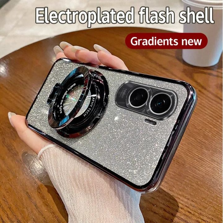 Luxury Plating Mag safe Flash Holder Stand Phone Case For Honor 90 Lite Resistant to dirt Bumper Protector Anti-fall Cover