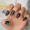 Short Midi Coffin Nails Chrome Mirror Nails Set Metallic Press On Nails Medium Length Bead Luster Shiny Rainbow Nail Tips. 