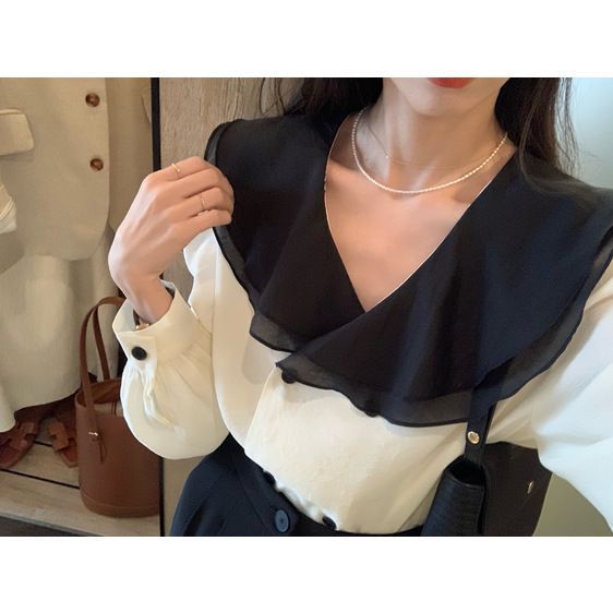 Korean%20Style%20Contrast%20Color%20Double%20Doll%20Collar%20Shirt%20Women's%20Spring%20New%20Pleated%20Chiffon%20Shirt%20Top%20-%20Image%205