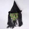 Halloween Horror Old Witch Mask with Hat Cosplay Scary Clown Hag Latex Masks Green Face Big Nose Old Women Costume Party Props.