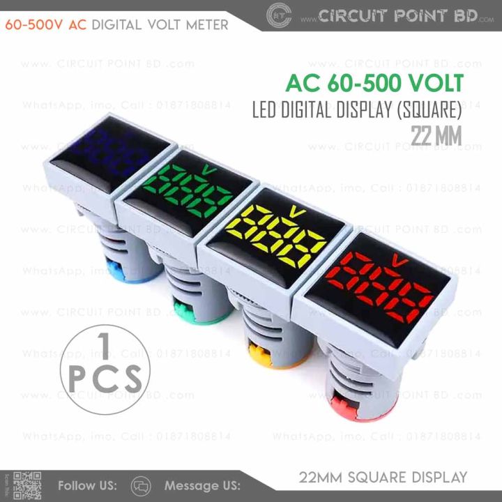 Digital AC Volt Meter - AC 60-500V LED Digital Display | 22mm Square Panel Voltmeter With Indicator Light.