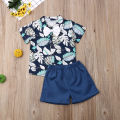 Boy's Lovely Two-piece Suit, Short Sleeve Cartoon Printed Shirt Top with Short Solid Pants for Spring, Summer and Autumn.