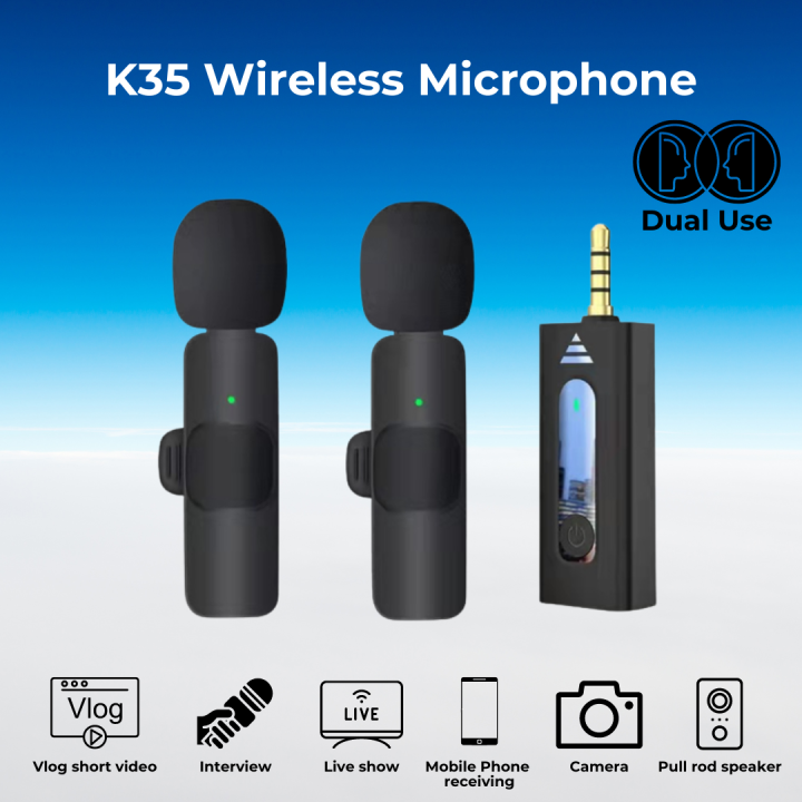 K35 Dual Wireless Microphone 3.5mm Supported for Camera, Sound card, Smartphone (dual Mic, single receiver)