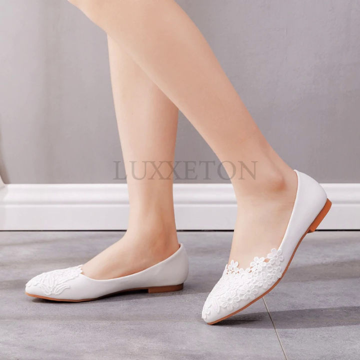Summer Ballet Flats White Lace Bride Wedding Shoes Flat Low