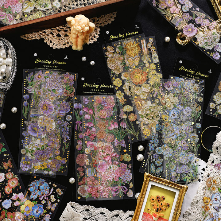 3 Sheets Dazzling Flowers Series Waterproof PET Bronzing Stickers ...