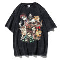 Vintage washed men T-shirts anime demon slayer Kamado tanjirou print t shirt casual shirts tops Y2K clothes.