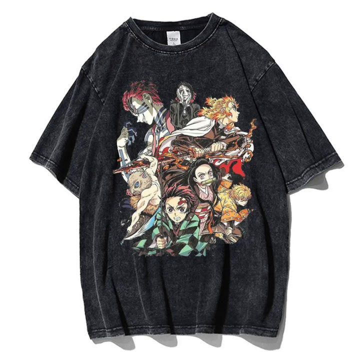 Vintage washed men T-shirts anime demon slayer Kamado tanjirou print t shirt casual shirts tops Y2K clothes