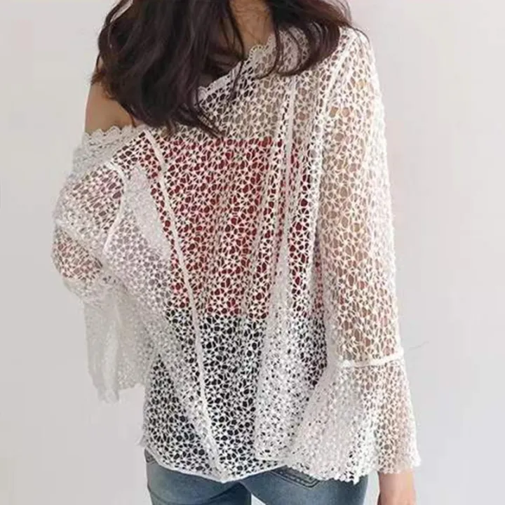 Women%20Flare%20Long%20Sleeve%20Shrug%20Cardigan%20Hollow%20Out%20Crochet%20Knitted%20Open%20Front%20Sheer%20Lace%20Cover%20Up%20Sweater%20Loose%20Outwear%20-%20Image%205