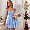 Women New Fashion Backless Bow Lace Suspender Solid Color Casual Elegant Women's Dress. 