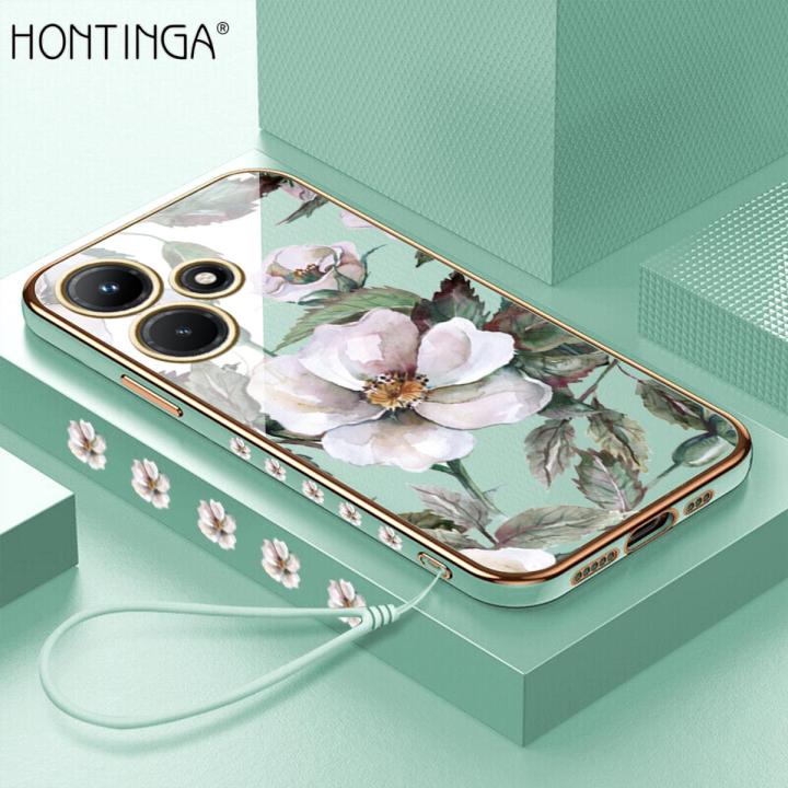 Hontinga for Infinix Hot 30i Back Cover Free Strap Luxury 6D Plating Shiny Flower Side Pattern Case Soft Silicone Square Mobile Cover