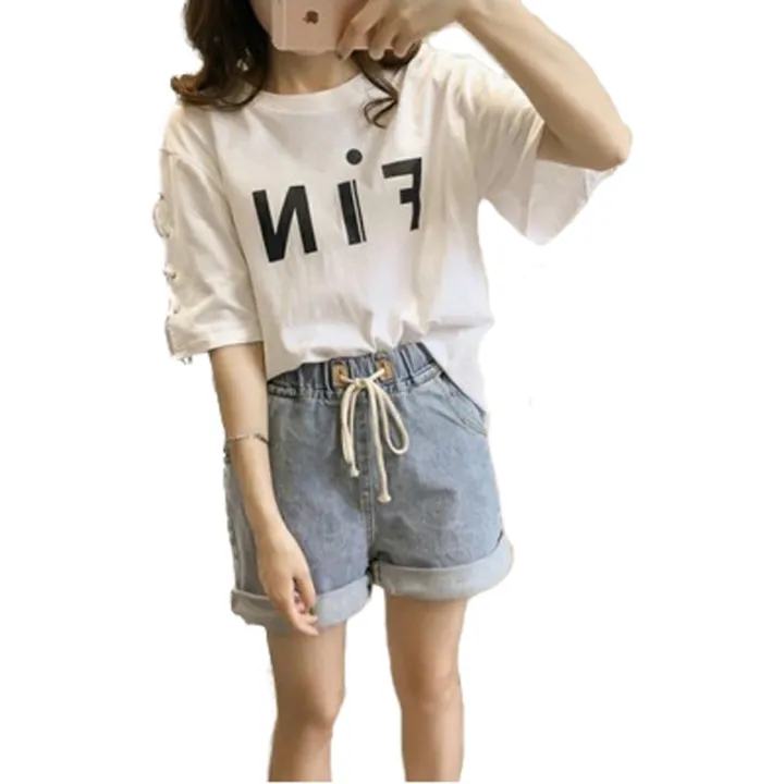 Letter%20Short%20Sleeve%20T%20Women's%20T-shirt%20200%20Jin%20Fat%20MM2021%20Summer%20Korean%20Style%20Women%20T-shirt%20Loose%20Tied%20Sleeve%20Top%20Half%20Sleeve%20-%20Image%205