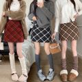 French red plaid woolen half women's 2023 autumn/winter high waisted slimming A-line skirt, buttocks wrapped skirt.