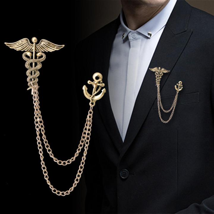 Vintage Zodiac Snake Men's Angel Wings Ceduceus with Anchor Lapel Chain Brooch