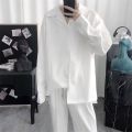 Cuban collar shirt men's short sleeve white summer trend fashion brand premium thin loose casual drape ice silk shirt.