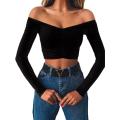 New Women's Long Sleeve T-shirt Summer Fashion Casual Off Shoulder Cropped Top Solid Color.