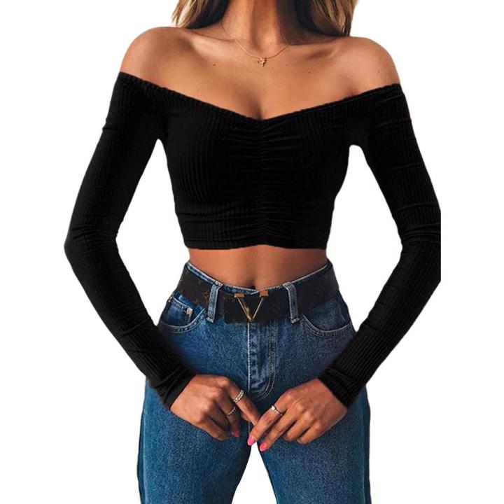New Women's Long Sleeve T-shirt Summer Fashion Casual Off Shoulder Cropped Top Solid Color