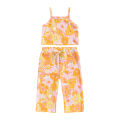 Kids Girl Tanks Tops + Pants, Floral Print Elastic Waist Drawstring Pocket Decoration Summer Clothing. 