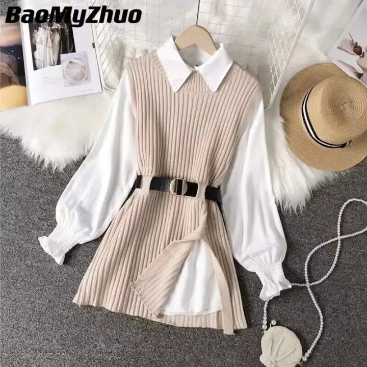 2023 Autumn Two 2 Piece Knitted Vest Set Women Long Sleeve Shirt Solid Vintage Sleeveless College Style Waistband Sweater Tops