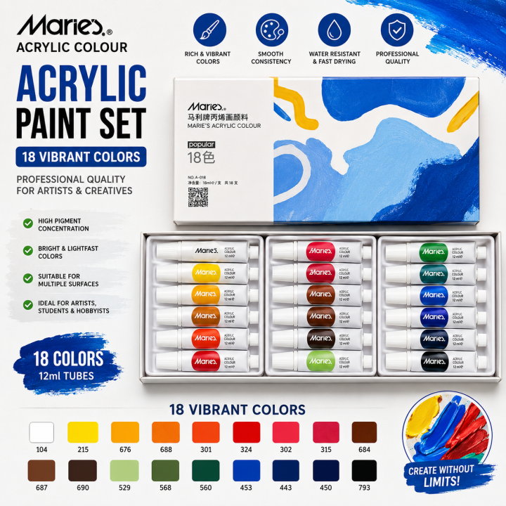 Marie’s Acrylic Paint Set 18 Colors × 12ml Tubes Professional Artist Painting Colors