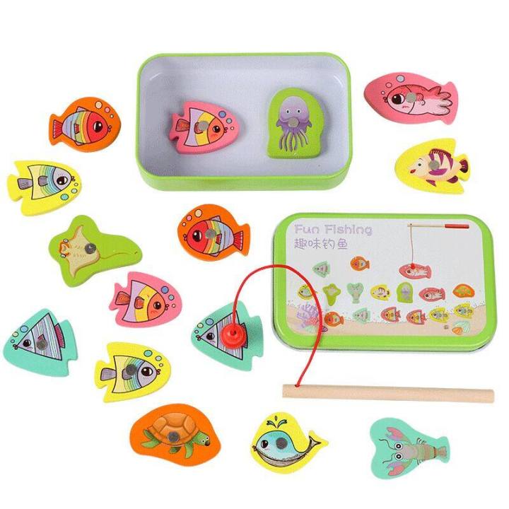 Moulty Wooden Magnetic Fishing Game Toys for Toddlers, Montessori Toys with 2 Magnet Poles 15 PCS Magnetic Fishing Toys for Boys and Girls
