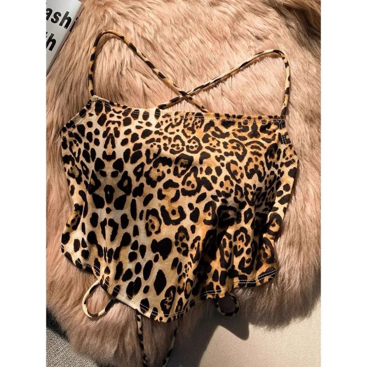 Leopard Print Camisole Women's Summer Outer Wear Bandage Dress Inner Wear Base Short off-Shoulder Backless Top Design Sense Niche