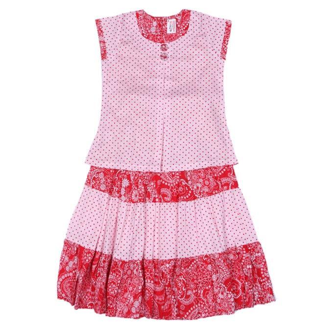 Light Pink and Red Cotton Skirt and Tops For Girls - ST-061