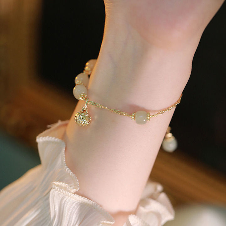 Fashionable Exquisite Trendy Green Imitation Jade Beaded Bracelet For Women Elegant Sweet Court Style Banquet Daily Jewelry