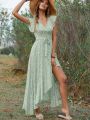 Summer Elegant Floral Long Dress Women Casual Bandage Irregular Slit Boho Beach Dress Fashion Green V Neck New In Dresses 2023.